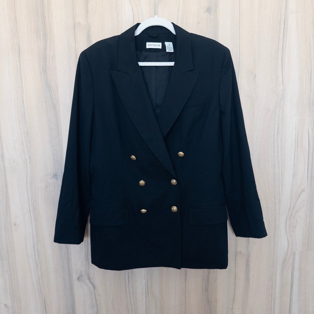 Vintage Ann Taylor Wool Blazer 14 Black Double Breasted Gold Button Old Money